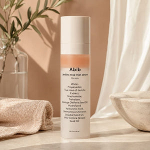 Abib Mist Serum Glow Spray utilizzato in skincare routine per luminosità e idratazione del viso