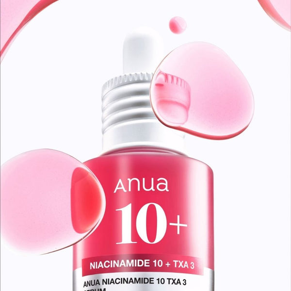 Anua Niacinamide 10% + Tranexamic TXA Acid 4% Serum 30ml in un contesto skincare, siero illuminante per una pelle uniforme e luminosa