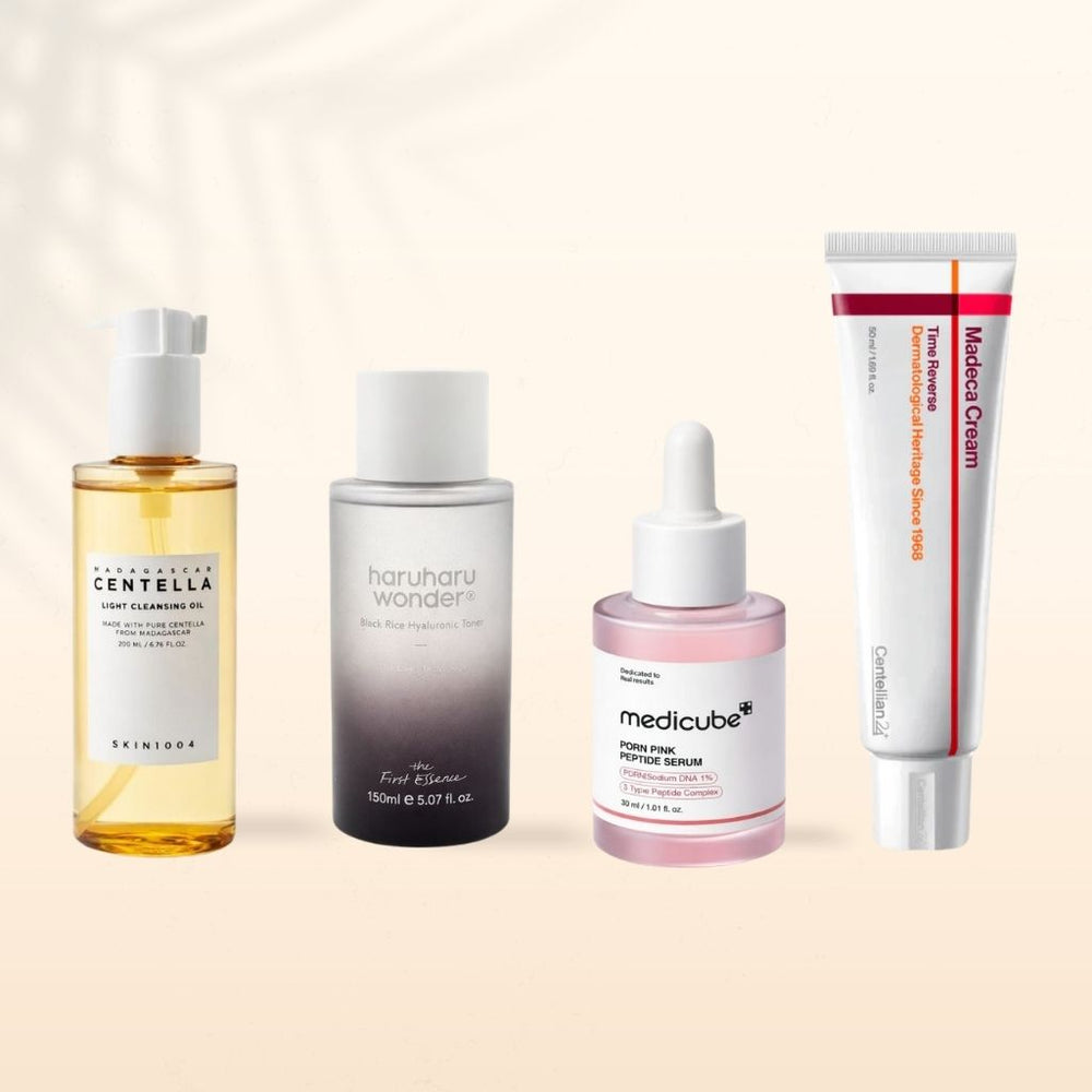 Bundle skincare coreana anti-age con prodotti SKIN1004, Haruharu, Medicube e Centellian24 per pelle matura e prime rughe.