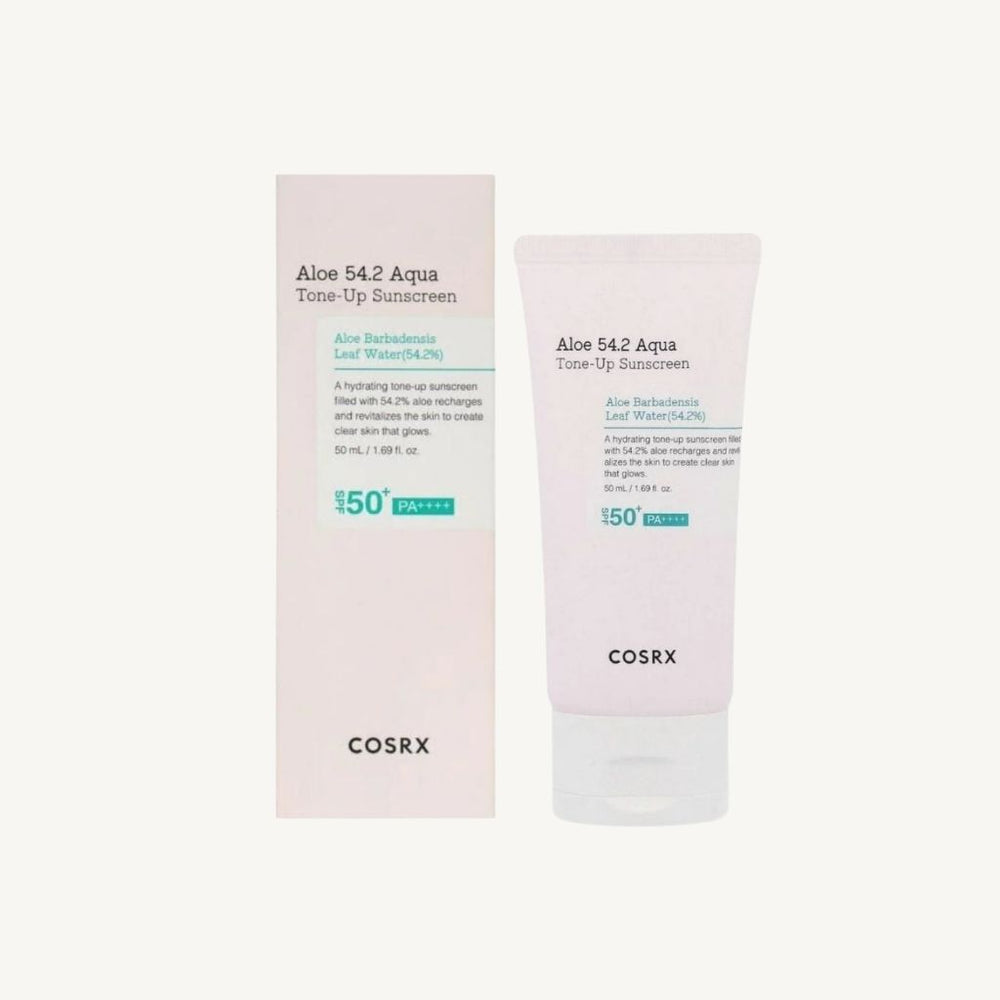 COSRX Aloe 54.2 Aqua Tone-up Sunscreen SPF50+ PA++++, crema solare viso idratante con effetto tone-up e alta protezione UV.