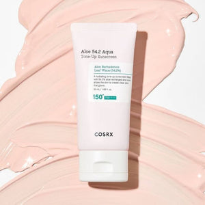 COSRX Aloe 54.2 Aqua Tone-up Sunscreen SPF50+ PA++++ in un contesto skincare, crema solare viso idratante per una pelle luminosa e protetta.