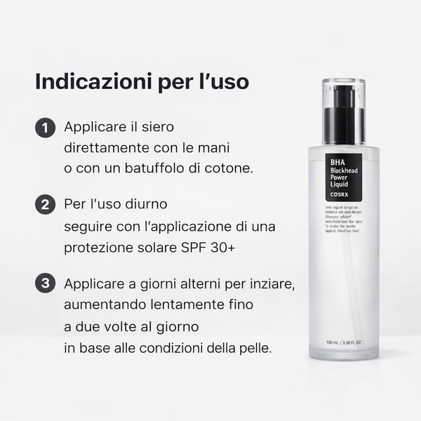 Come usare COSRX BHA Blackhead Power Liquid su pelle pulita 2-3 volte a settimana