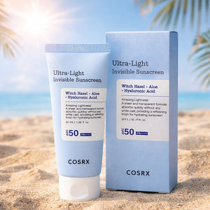 Protezione solare quotidiana con COSRX Ultra-Light Invisible Sunscreen SPF50+/PA++++. Ideale per la pelle che desidera una protezione potente ma leggera, perfetta per ogni tipo di pelle, anche la più sensibile.