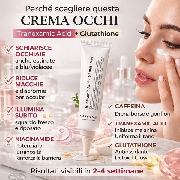 Benefici della crema occhi Mary&May Tranexamic Acid + Glutathion, riduce occhiaie, leviga linee sottili e illumina il contorno occhi