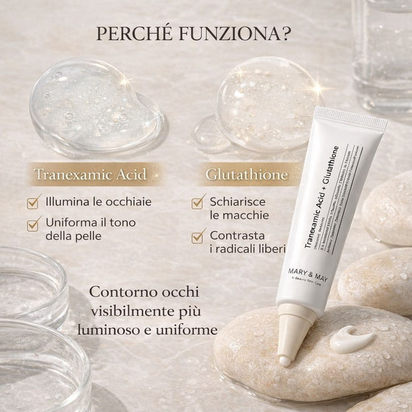 Ingredienti della crema occhi Mary&May Tranexamic Acid + Glutathion, elenco INCI completo con componenti illuminanti e antiossidanti