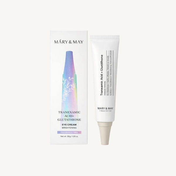 Crema occhi Mary&May Tranexamic Acid + Glutathion con confezione originale, trattamento illuminante e idratante per il contorno occh
