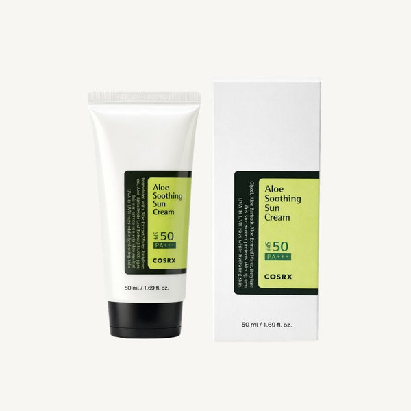 COSRX Aloe Soothing Sun Cream SPF50+ PA+++ protezione solare viso coreana con confezione