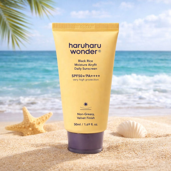 Haruharu Wonder Black Rice Moisture Airyfit Daily Sunscreen SPF50+ PA++++ protezione solare viso coreana in ambientazione lifestyle