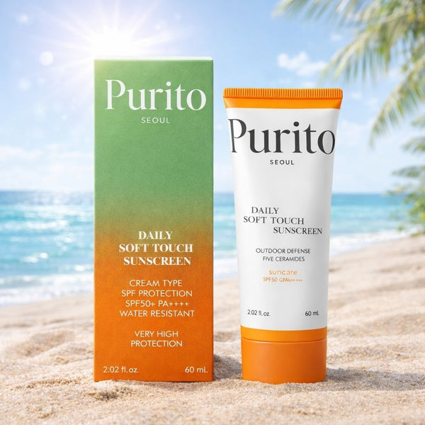 Purito Daily Soft Touch Sunscreen protezione solare viso coreana in ambientazione lifestyle