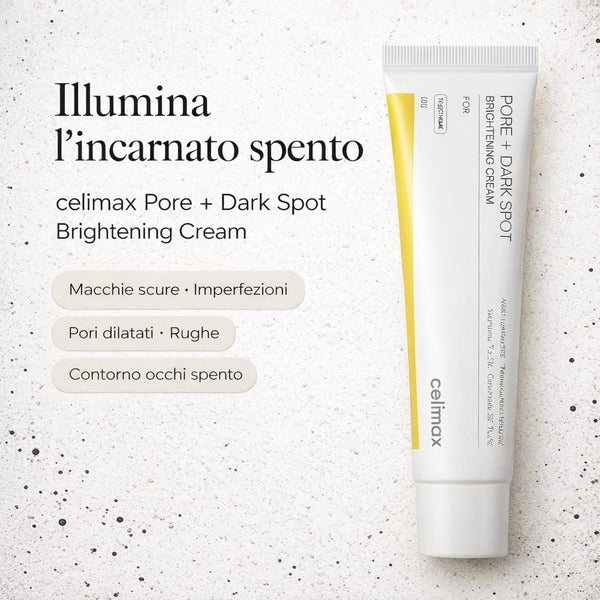 Benefici della crema viso Celimax Pore + Dark Spot Brightening, aiuta a ridurre macchie scure, minimizzare i pori e uniformare il tono della pelle