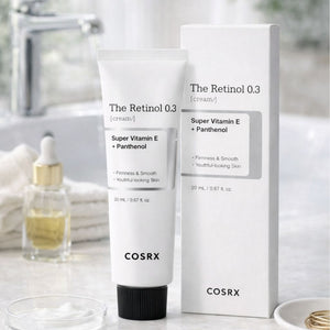 Crema viso coreana COSRX The Retinol 0.3 Cream 20 ml in contesto lifestyle minimal per routine skincare serale