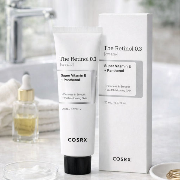 Crema viso coreana COSRX The Retinol 0.3 Cream 20 ml in contesto lifestyle minimal per routine skincare serale