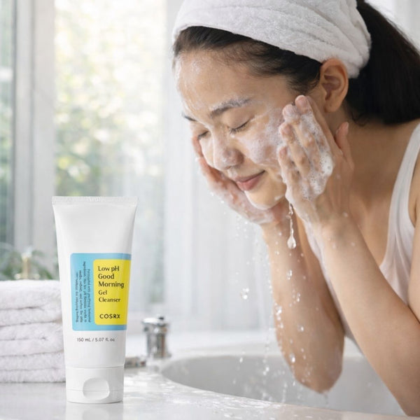 Donna che usa detergente viso coreano COSRX Low-pH Good Morning Cleanser per pelle fresca e pulita