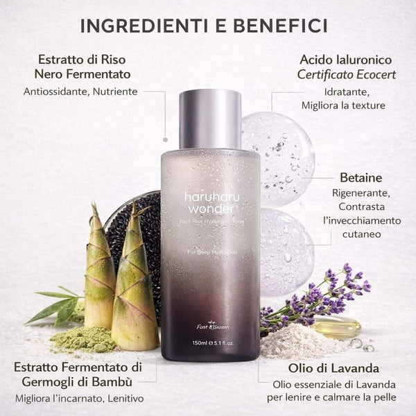 Haruharu Wonder Black Rice Hyaluronic Toner 150 ml con focus sugli ingredienti principali per idratazione e protezione della pelle