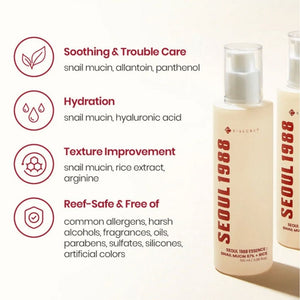 Effetto rigenerante e idratante K-SECRET SEOUL 1988 Essence Snail Mucin 97% + Rice 100 ml per pelle levigata e luminosa