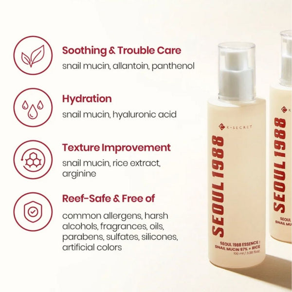 Effetto rigenerante e idratante K-SECRET SEOUL 1988 Essence Snail Mucin 97% + Rice 100 ml per pelle levigata e luminosa