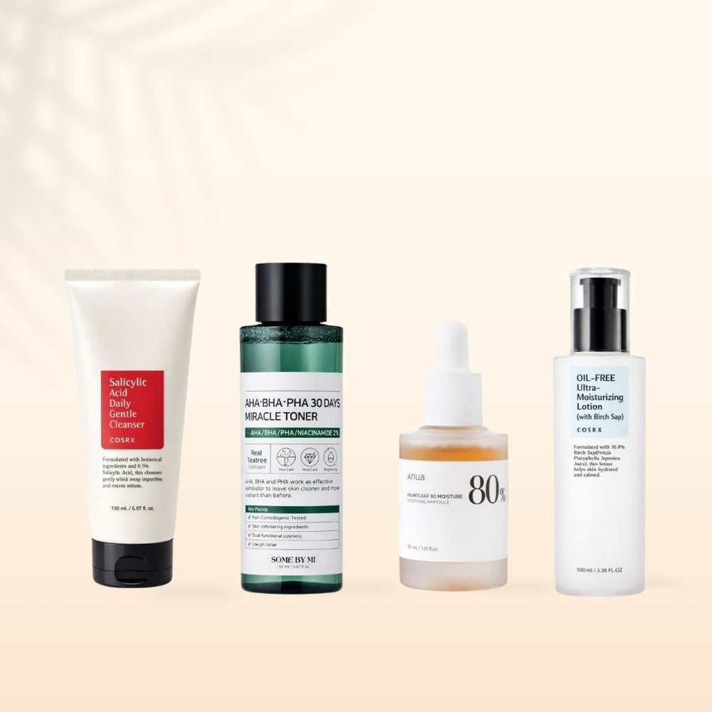 Kit skincare coreana per pelle acneica 4 step routine viso purificante che aiuta a ridurre imperfezioni brufoli e sebo in eccesso migliorando la pelle e rendendola più pulita e uniforme