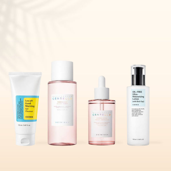 Kit skincare coreana per pori dilatati 4 step routine viso purificante che aiuta a ridurre visibilità dei pori e migliorare la texture della pelle per effetto pelle più liscia e uniforme