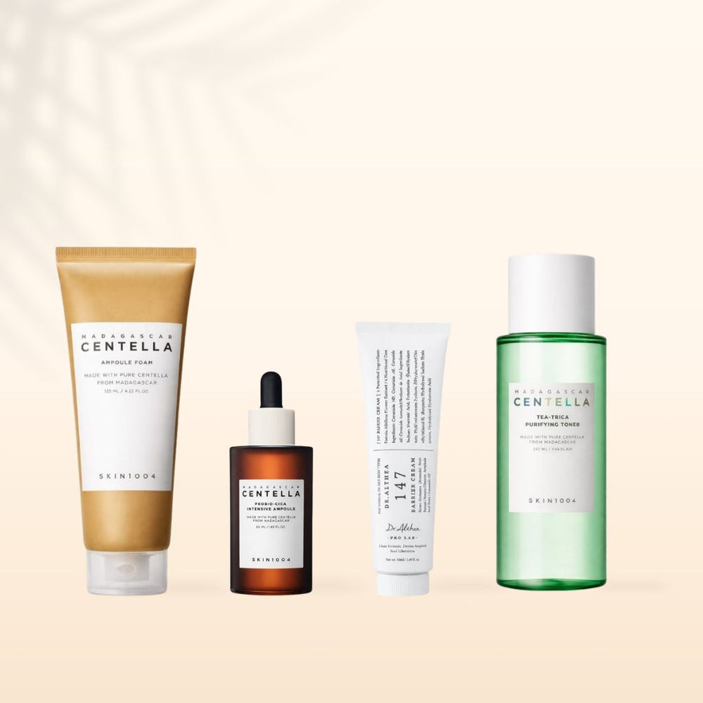 Kit skincare coreana per pelle sensibile e rossore 4 step routine calmante idratante rinforza barriera cutanea riduce irritazioni e arrossamenti