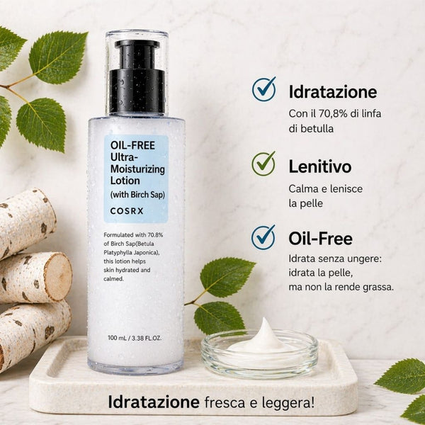 Benefici lozione viso coreana COSRX Oil-Free Ultra-Moisturizing Lotion idratazione leggera, pelle equilibrata e pori meno visibili