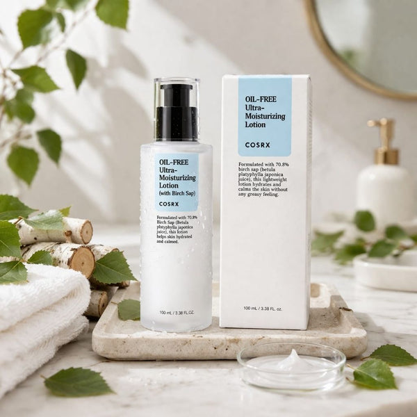 Lozione viso coreana COSRX utilizzata nella routine skincare quotidiana per pelle fresca, idratata e luminosa