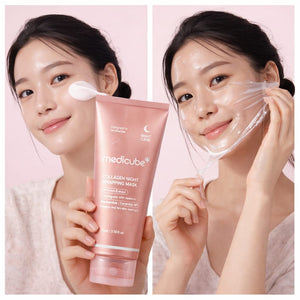Medicube Collagen Night Wrapping Peel Off Mask maschera viso coreana in uso sul viso