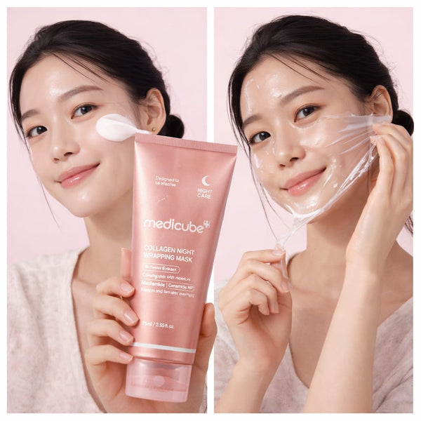 Medicube Collagen Night Wrapping Peel Off Mask maschera viso coreana in uso sul viso