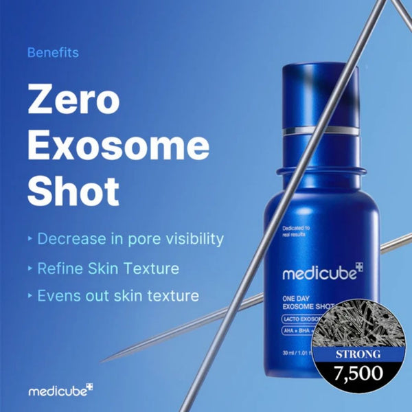 Infografica dei benefici di MEDICUBE One Day Exosome Shot Pore Ampoule 7500 che evidenzia il miglioramento della grana della pelle, la riduzione della visibilità dei pori e un incarnato più uniforme