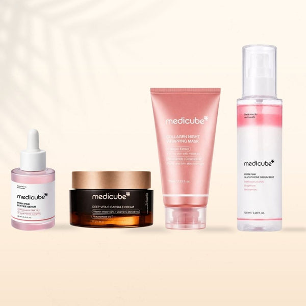 Set skincare coreana Medicube PDRN Pink Glow con siero PDRN Pink Peptide, crema vitamina C, maschera notte al collagene e mist viso al glutatione