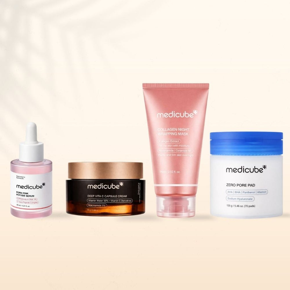 Set MEDICUBE Pink Peptide Collagen e Brightening, progettato per migliorare l'elasticità della pelle e ridurre i segni dell'invecchiamento. Un trattamento intensivo che illumina e rassoda la pelle per un aspetto giovane e radioso