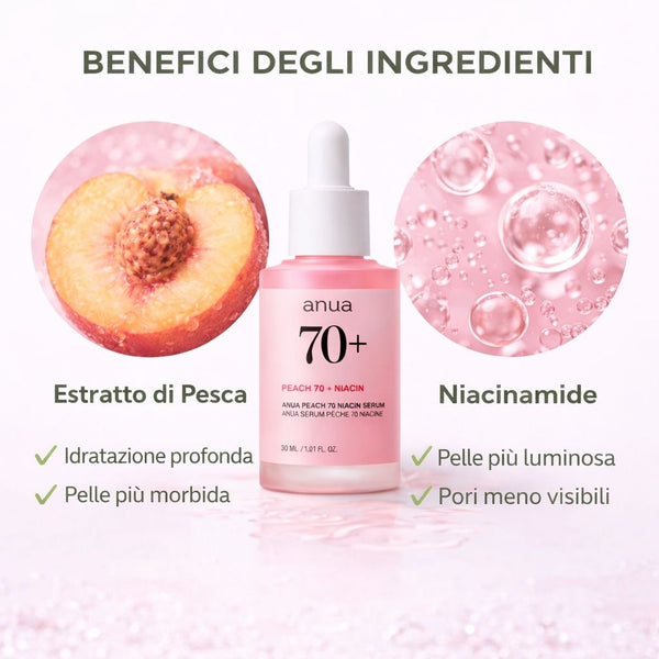 Siero viso coreano Anua Peach 70 Niacin Serum con ingredienti naturali in ambiente skincare