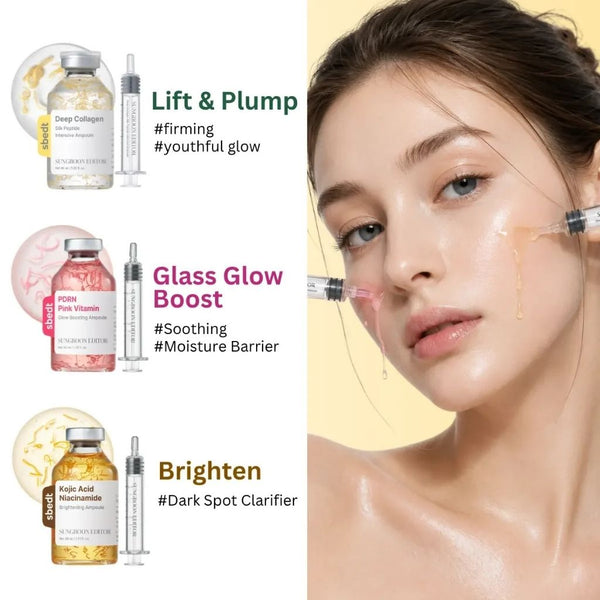 Collezione di ampoule Sungboon Editor con tre sieri skincare per idratazione, effetto lifting e luminosità della pelle.