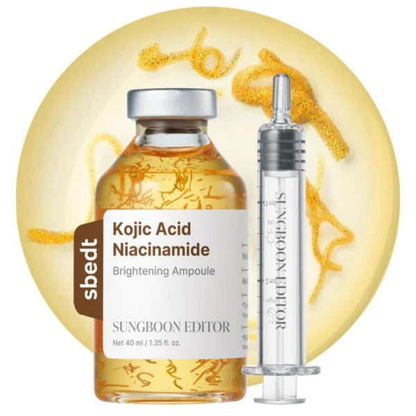 Sungboon Editor Kojic Acid Niacinamide Brightening Ampoule 40ml in un contesto skincare, trattamento viso per una pelle luminosa e uniforme.