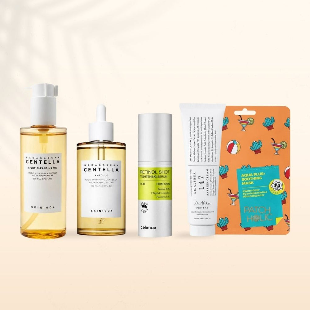 Set completo di skincare per il ripristino della pelle, composto da prodotti premium per il trattamento intensivo della pelle, inclusi sieri, creme e detergenti. Ideale per un viso radioso, morbido e sano