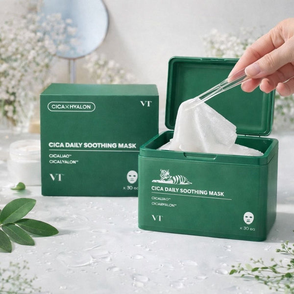 Skincare routine coreana con VT Cosmetics Cica Daily Soothing Mask per pelle rinfrescata e lenita